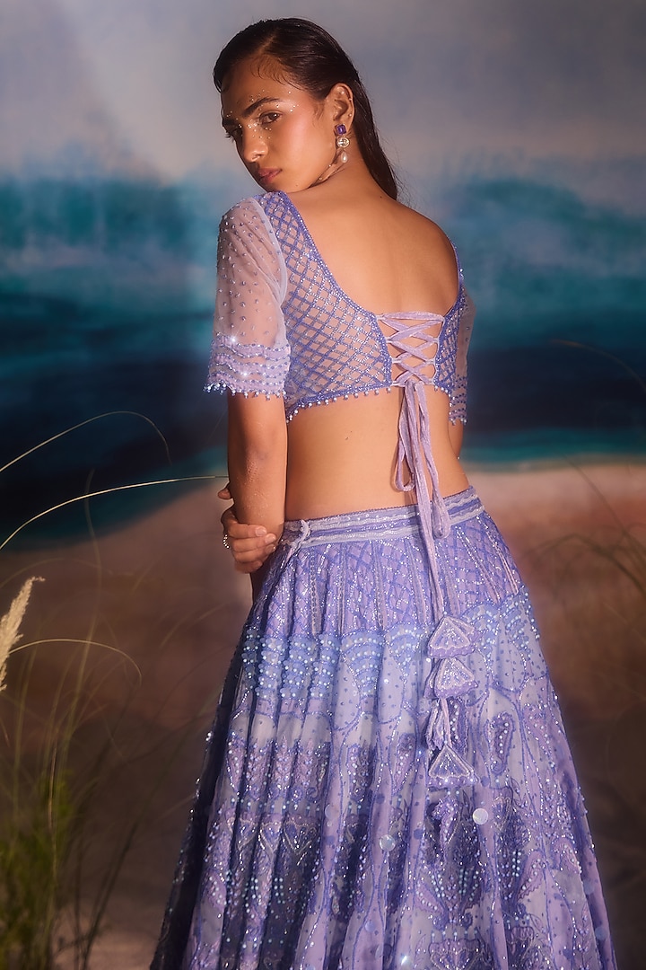 Blue Tulle Sequin Embellished Bridal Lehenga Set by TUHINA SRIVASTAVA at Pernia's Pop Up Shop