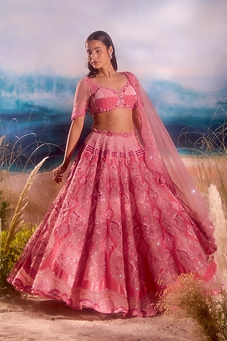 Pink Silk Velvet Bead Embellished Lehenga Set by TUHINA SRIVASTAVA