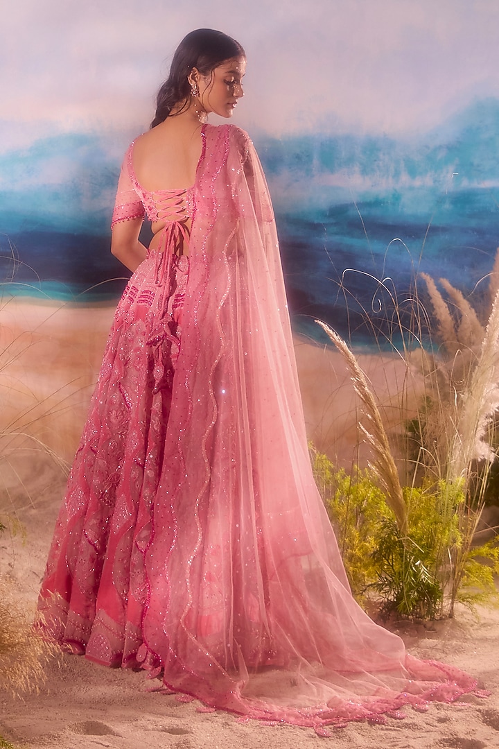 Pink Silk Velvet Bead Embellished Bridal Lehenga Set by TUHINA SRIVASTAVA at Pernia's Pop Up Shop