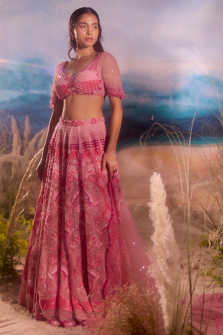 Pink Silk Velvet Bead Embellished Bridal Lehenga Set by TUHINA SRIVASTAVA at Pernia's Pop Up Shop