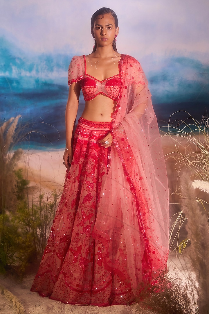 Red Silk Velvet & Tulle Bead Embellished Bridal Lehenga Set by TUHINA SRIVASTAVA at Pernia's Pop Up Shop