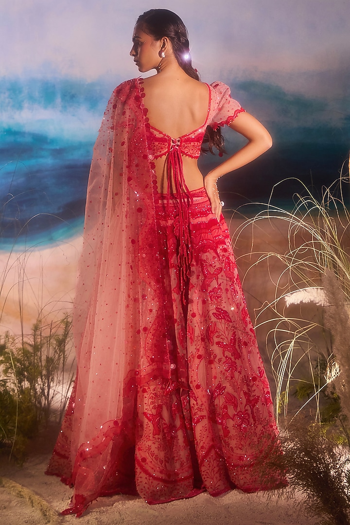 Red Silk Velvet & Tulle Bead Embellished Bridal Lehenga Set by TUHINA SRIVASTAVA at Pernia's Pop Up Shop