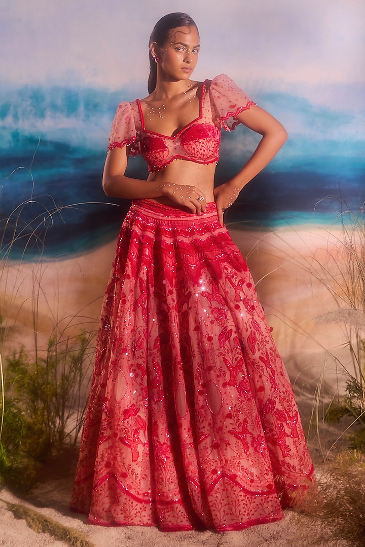 Red Silk Velvet & Tulle Bead Embellished Bridal Lehenga Set by TUHINA SRIVASTAVA at Pernia's Pop Up Shop