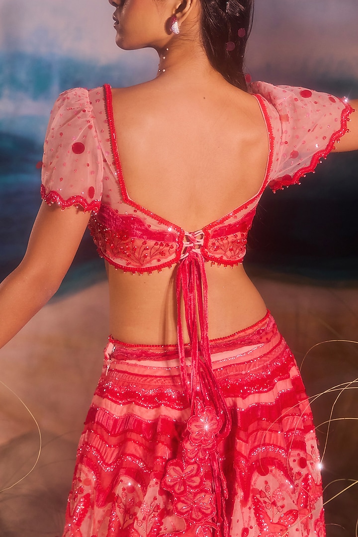 Red Silk Velvet & Tulle Bead Embellished Bridal Lehenga Set by TUHINA SRIVASTAVA at Pernia's Pop Up Shop