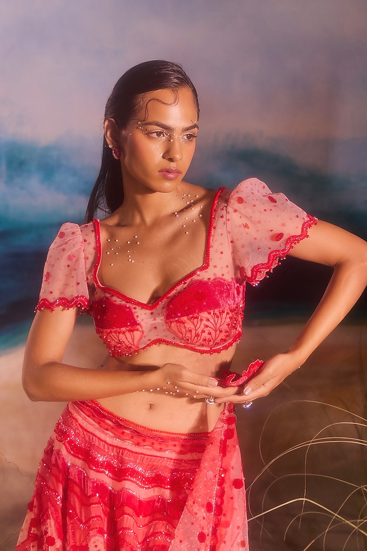 Red Silk Velvet & Tulle Bead Embellished Bridal Lehenga Set by TUHINA SRIVASTAVA at Pernia's Pop Up Shop