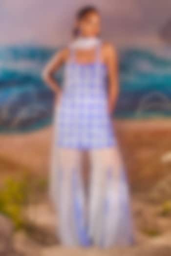 Blue Tulle & Chiffon Wedding Sharara Set by TUHINA SRIVASTAVA at Pernia's Pop Up Shop