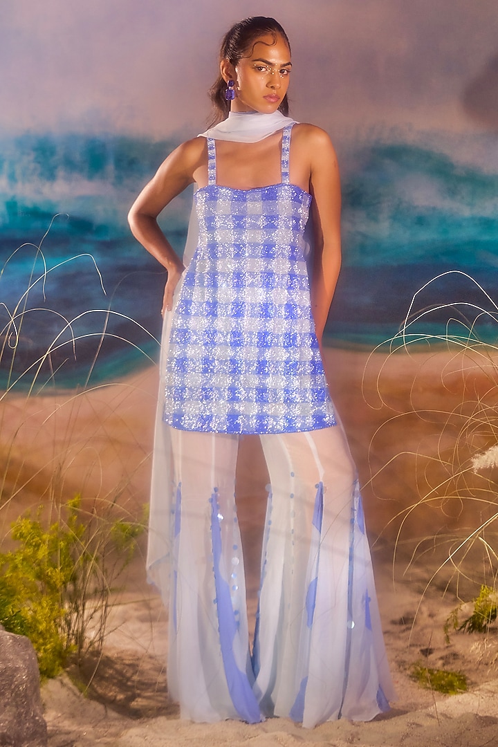 Blue Tulle & Chiffon Wedding Sharara Set by TUHINA SRIVASTAVA at Pernia's Pop Up Shop