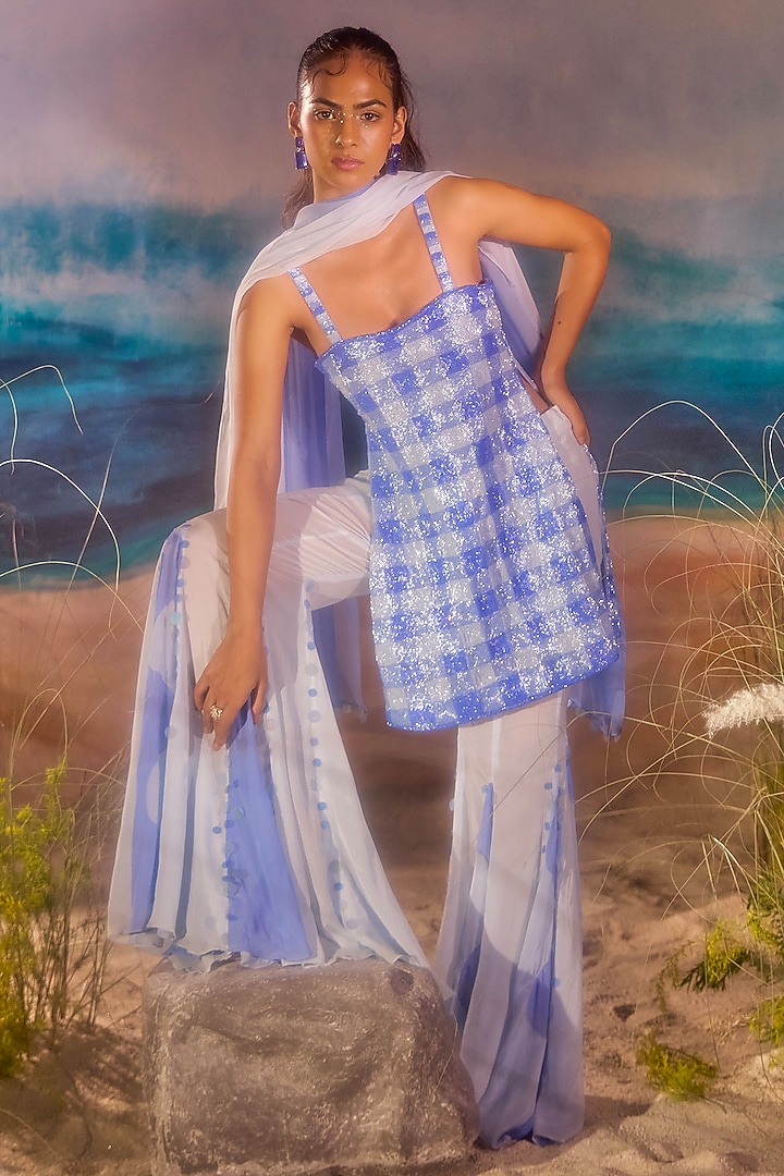 Blue Tulle & Chiffon Wedding Sharara Set by TUHINA SRIVASTAVA at Pernia's Pop Up Shop