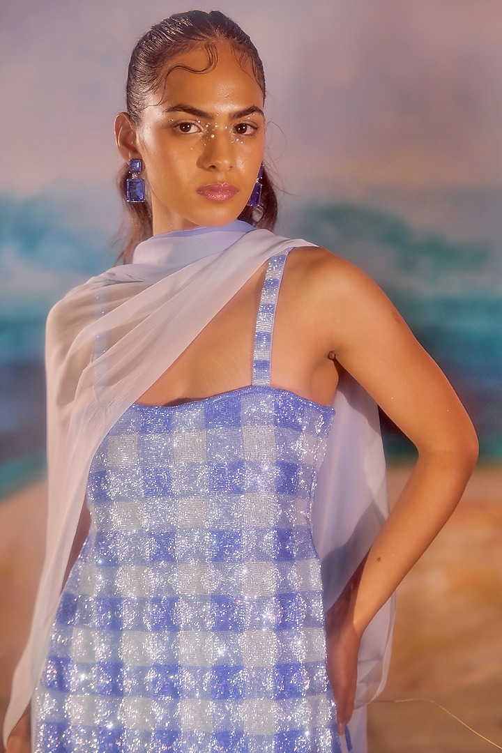 Blue Tulle & Chiffon Wedding Sharara Set by TUHINA SRIVASTAVA at Pernia's Pop Up Shop