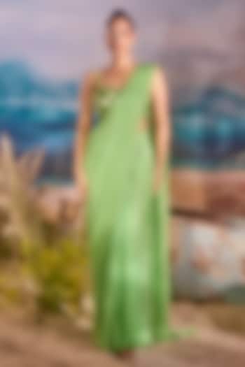 Green Chiffon Pre-Draped Wedding Saree Set by TUHINA SRIVASTAVA at Pernia's Pop Up Shop