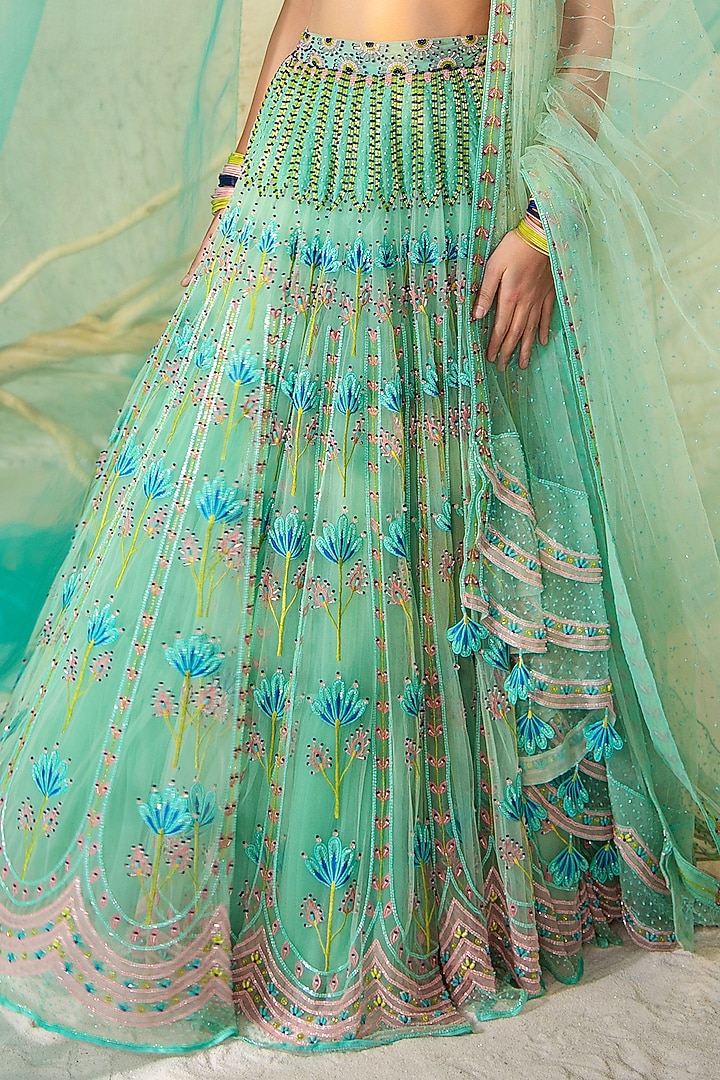 Sea Blue Tulle & Silk Organza Resham Embellished Bridal Lehenga Set by TUHINA SRIVASTAVA at Pernia's Pop Up Shop