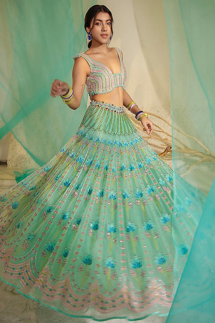 Sea Blue Tulle & Silk Organza Resham Embellished Bridal Lehenga Set by TUHINA SRIVASTAVA at Pernia's Pop Up Shop
