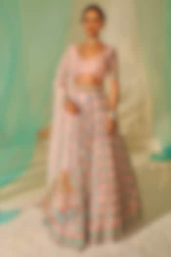 Pink Tulle & Silk Organza Resham Embellished Bridal Lehenga Set by TUHINA SRIVASTAVA at Pernia's Pop Up Shop