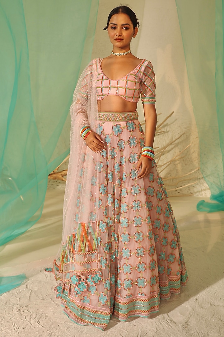 Pink Tulle & Silk Organza Resham Embellished Bridal Lehenga Set by TUHINA SRIVASTAVA at Pernia's Pop Up Shop