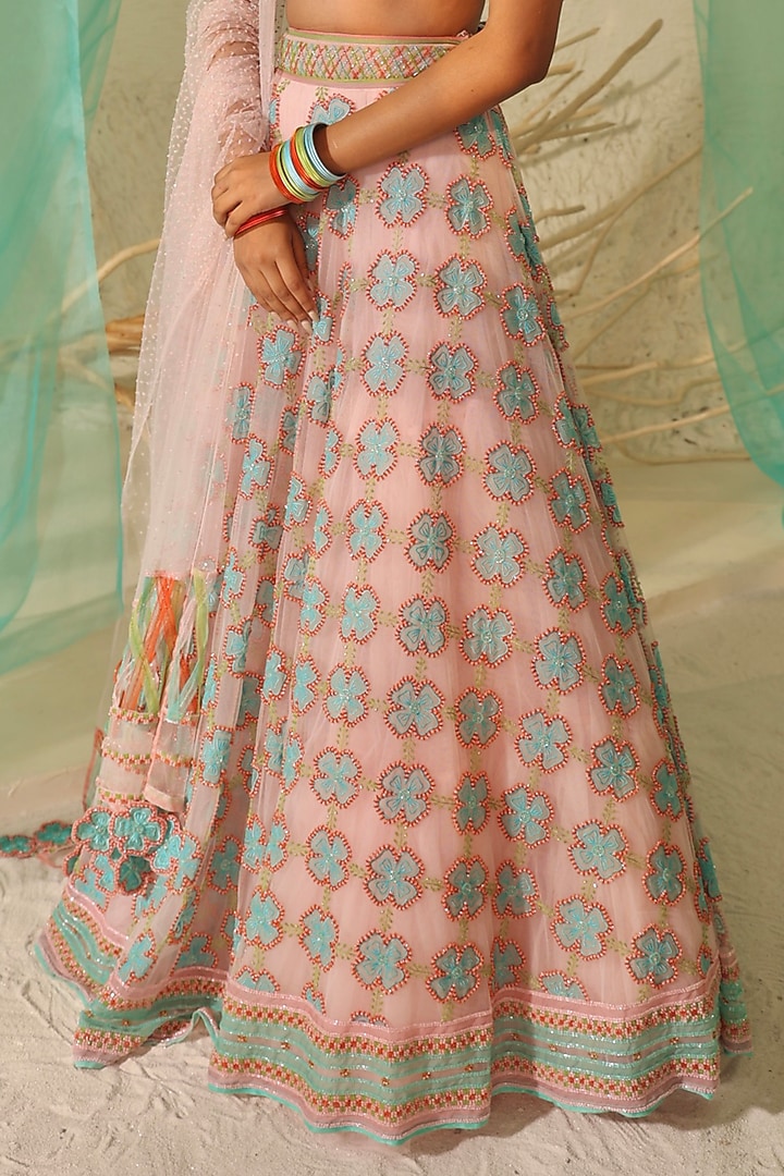 Pink Tulle & Silk Organza Resham Embellished Bridal Lehenga Set by TUHINA SRIVASTAVA at Pernia's Pop Up Shop