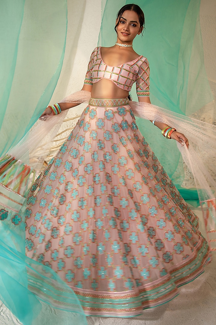 Pink Tulle & Silk Organza Resham Embellished Bridal Lehenga Set by TUHINA SRIVASTAVA at Pernia's Pop Up Shop