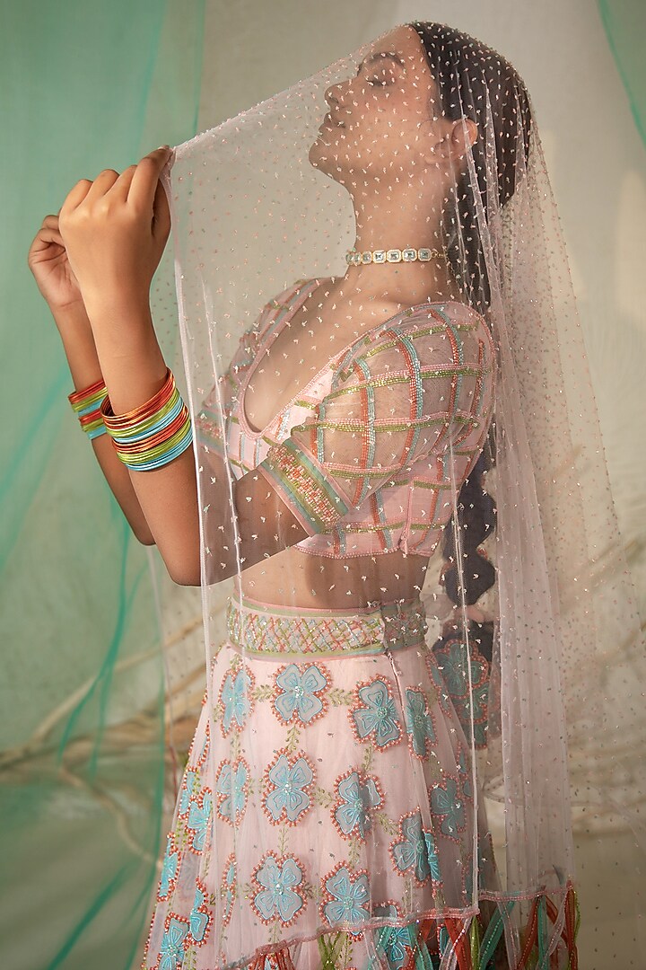 Pink Tulle & Silk Organza Resham Embellished Bridal Lehenga Set by TUHINA SRIVASTAVA at Pernia's Pop Up Shop