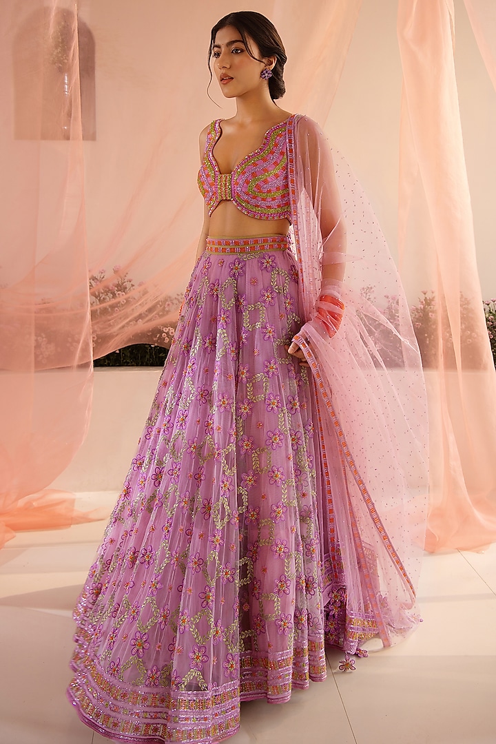 Purple Tulle & Silk Organza Resham Floral Embellished Bridal Lehenga Set by TUHINA SRIVASTAVA at Pernia's Pop Up Shop