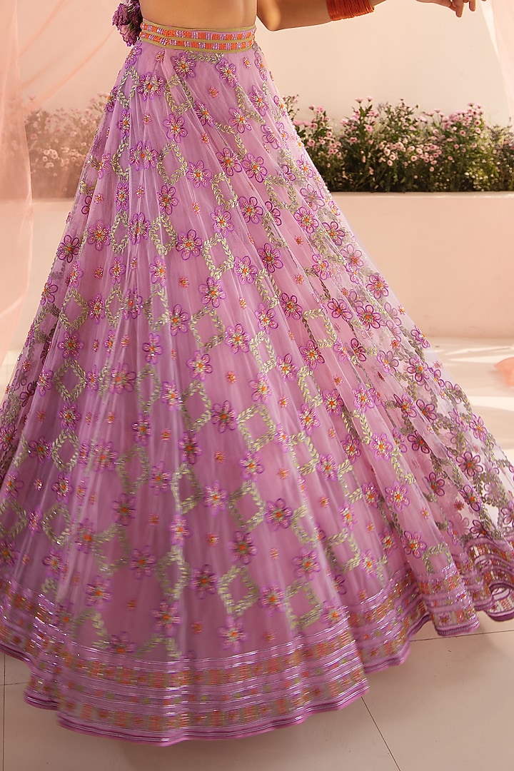 Purple Tulle & Silk Organza Resham Floral Embellished Bridal Lehenga Set by TUHINA SRIVASTAVA at Pernia's Pop Up Shop