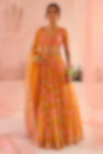 Bright Orange Tulle & Silk Organza Resham Floral Embellished Bridal Lehenga Set by TUHINA SRIVASTAVA at Pernia's Pop Up Shop