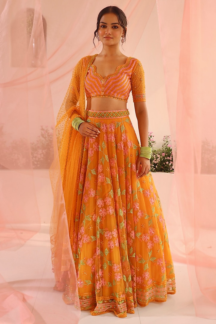 Bright Orange Tulle & Silk Organza Resham Floral Embellished Bridal Lehenga Set by TUHINA SRIVASTAVA at Pernia's Pop Up Shop