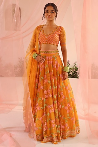 Bright Orange Tulle & Silk Organza Resham Floral Embellished Lehenga Set by TUHINA SRIVASTAVA