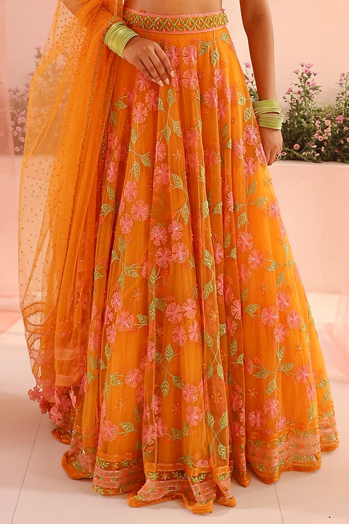 Bright Orange Tulle & Silk Organza Resham Floral Embellished Bridal Lehenga Set by TUHINA SRIVASTAVA at Pernia's Pop Up Shop
