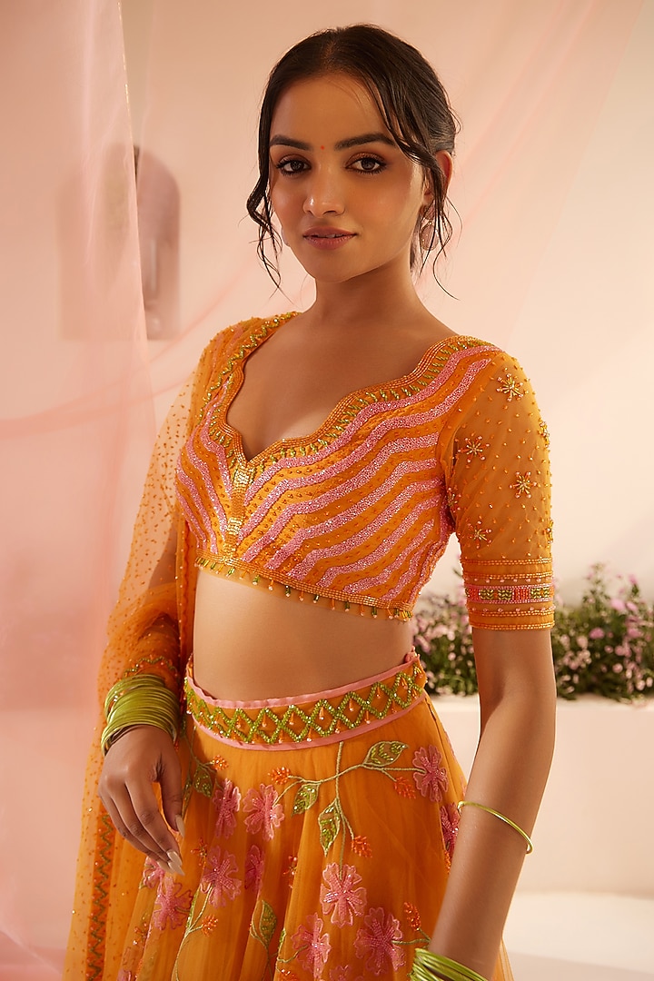 Bright Orange Tulle & Silk Organza Resham Floral Embellished Bridal Lehenga Set by TUHINA SRIVASTAVA at Pernia's Pop Up Shop