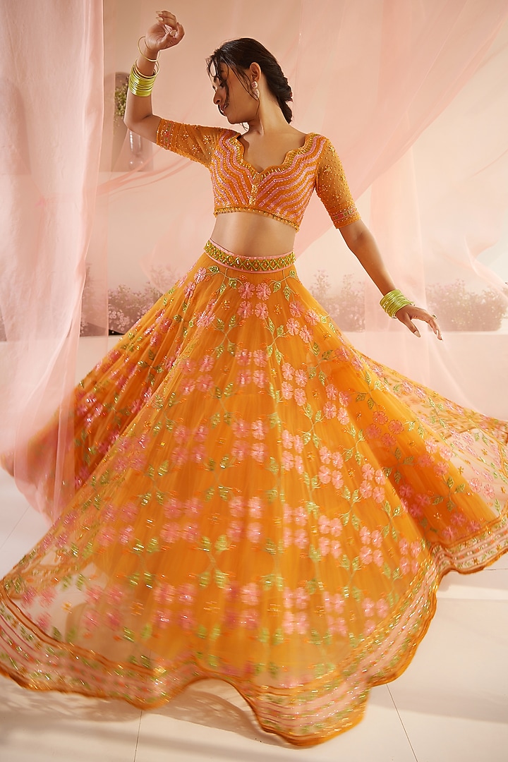 Bright Orange Tulle & Silk Organza Resham Floral Embellished Bridal Lehenga Set by TUHINA SRIVASTAVA at Pernia's Pop Up Shop