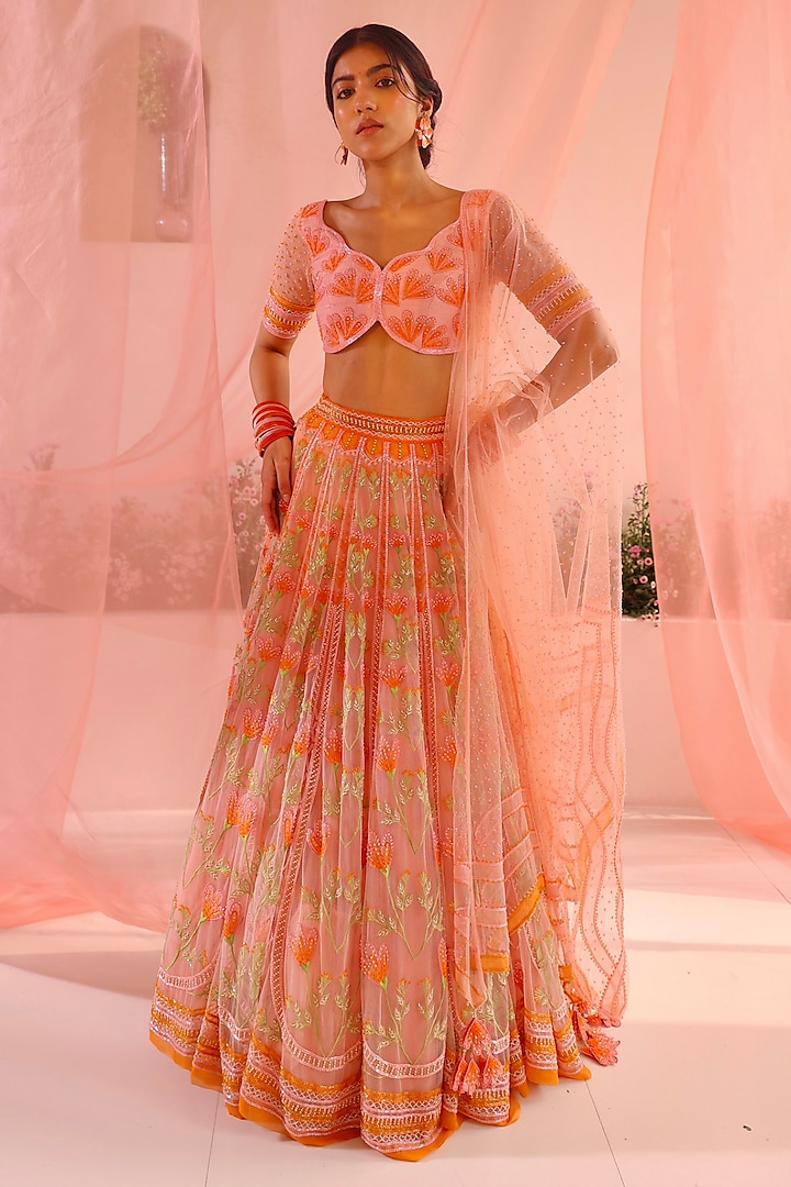Pink Tulle & Silk Organza Resham Floral Embellished Bridal Lehenga Set by TUHINA SRIVASTAVA at Pernia's Pop Up Shop