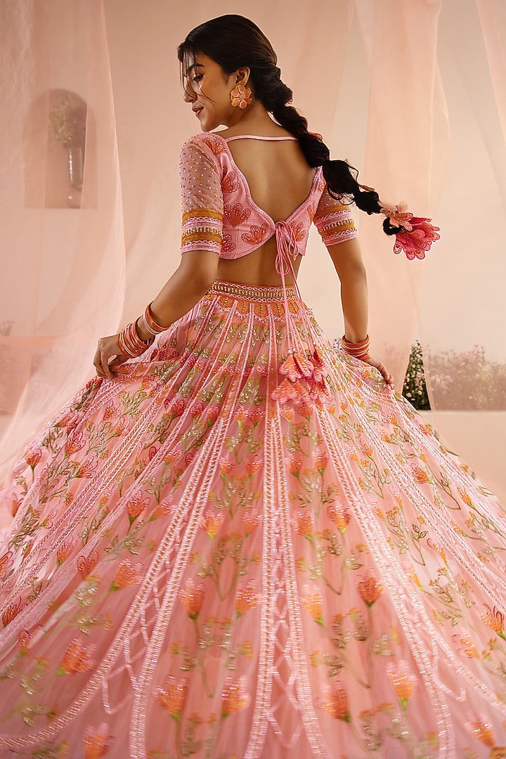 Pink Tulle & Silk Organza Resham Floral Embellished Bridal Lehenga Set by TUHINA SRIVASTAVA at Pernia's Pop Up Shop