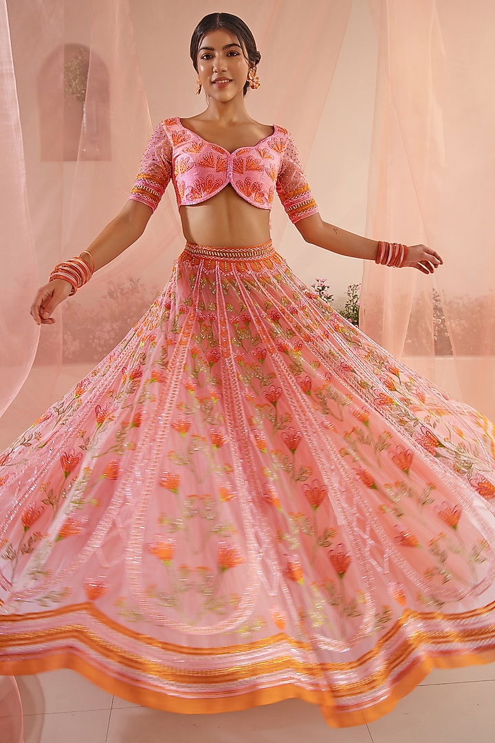 Pink Tulle & Silk Organza Resham Floral Embellished Bridal Lehenga Set by TUHINA SRIVASTAVA at Pernia's Pop Up Shop