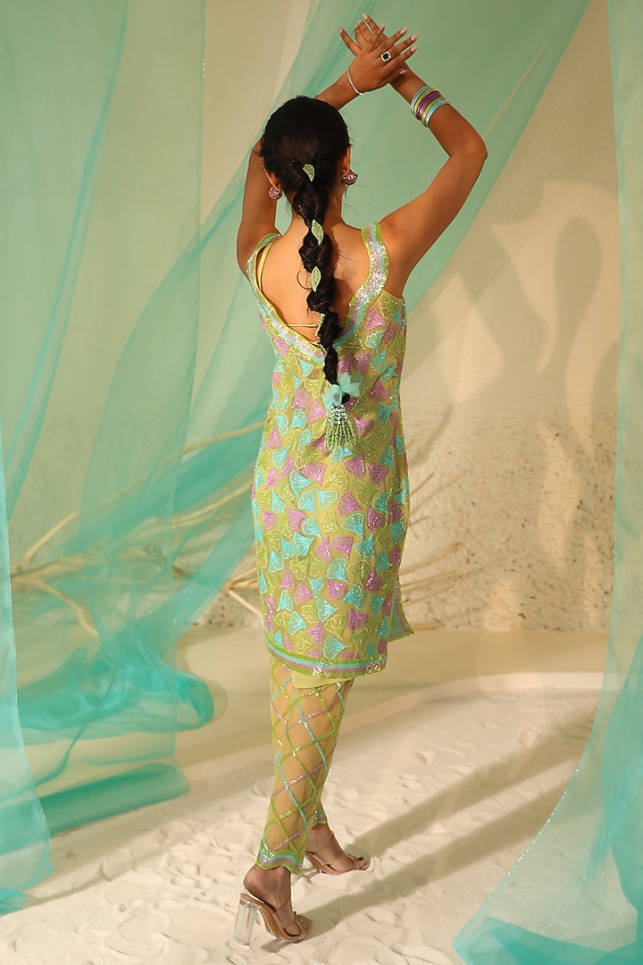 Green Organza Floral Embroidered Jacket Set by TUHINA SRIVASTAVA at Pernia's Pop Up Shop