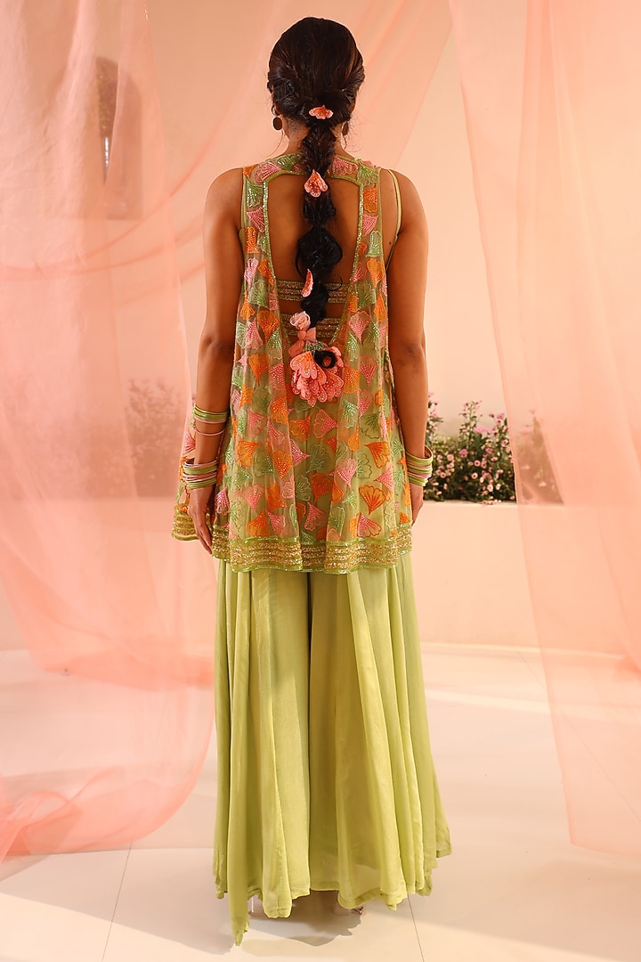 Green Organza & Tulle Motifs Embroidered Jacket Set by TUHINA SRIVASTAVA at Pernia's Pop Up Shop