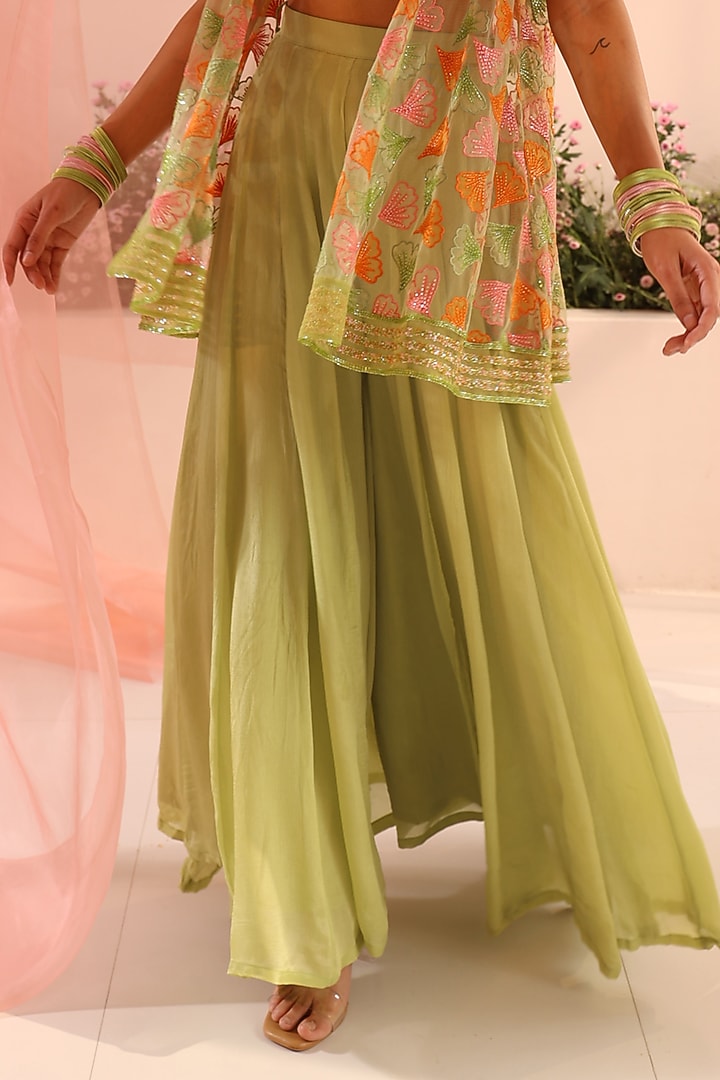 Green Organza & Tulle Motifs Embroidered Jacket Set by TUHINA SRIVASTAVA at Pernia's Pop Up Shop