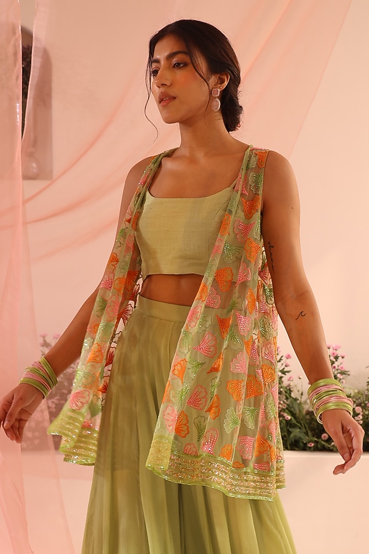 Green Organza & Tulle Motifs Embroidered Jacket Set by TUHINA SRIVASTAVA at Pernia's Pop Up Shop