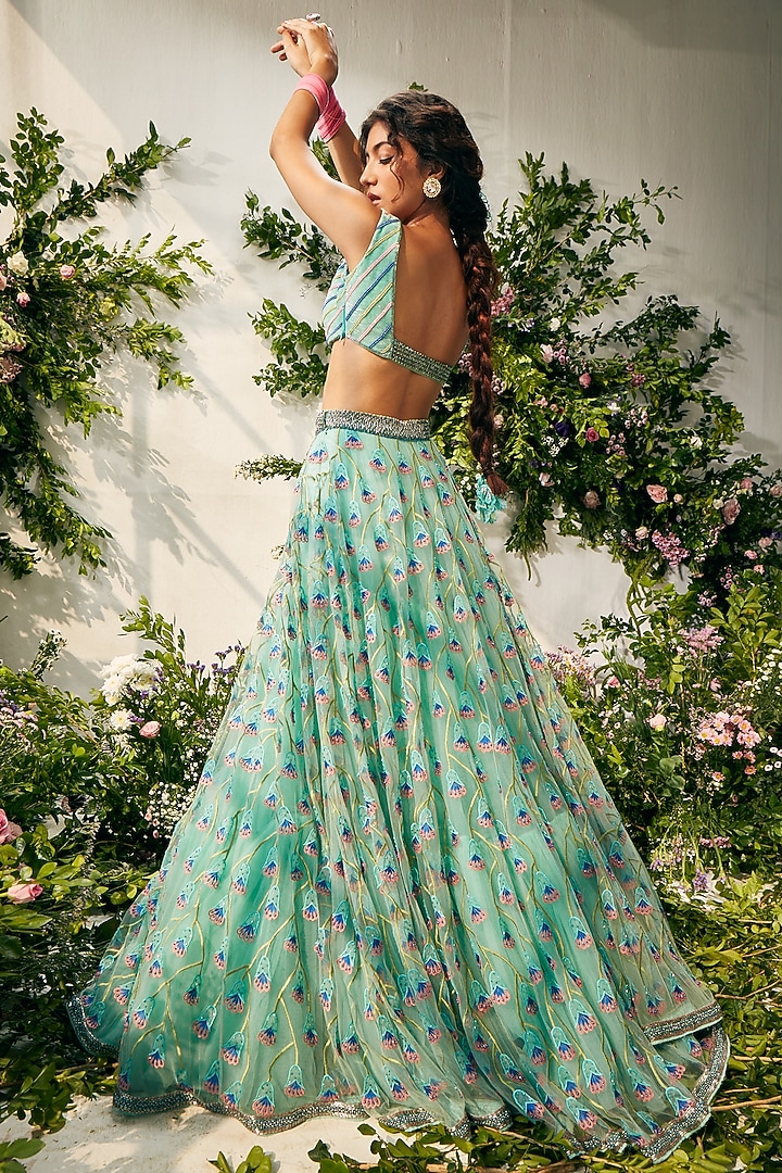 Sea Blue Tulle & Silk Organza Beads Embellished Wedding Lehenga Set by TUHINA SRIVASTAVA at Pernia's Pop Up Shop
