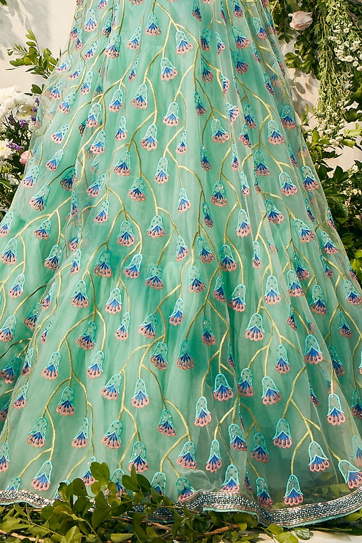 Sea Blue Tulle & Silk Organza Beads Embellished Wedding Lehenga Set by TUHINA SRIVASTAVA at Pernia's Pop Up Shop