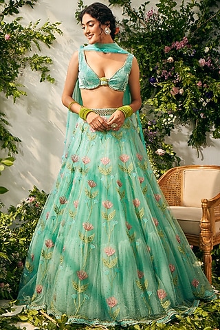 Sea Blue Tulle & Silk Organza Beads Embellished Lehenga Set by TUHINA SRIVASTAVA