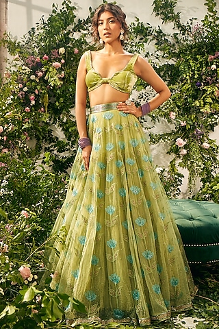 Green Tulle & Silk Organza Beads Embellished Lehenga Set by TUHINA SRIVASTAVA