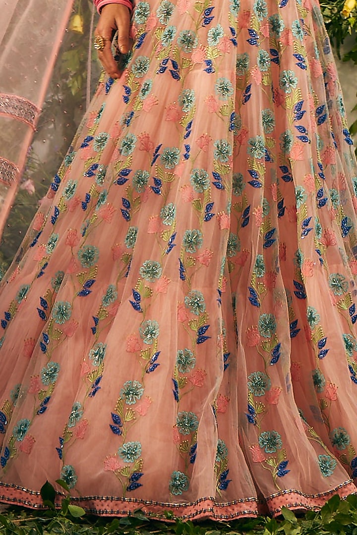 Pink Tulle & Silk Organza Glass Beads Embellished Wedding Lehenga Set by TUHINA SRIVASTAVA at Pernia's Pop Up Shop