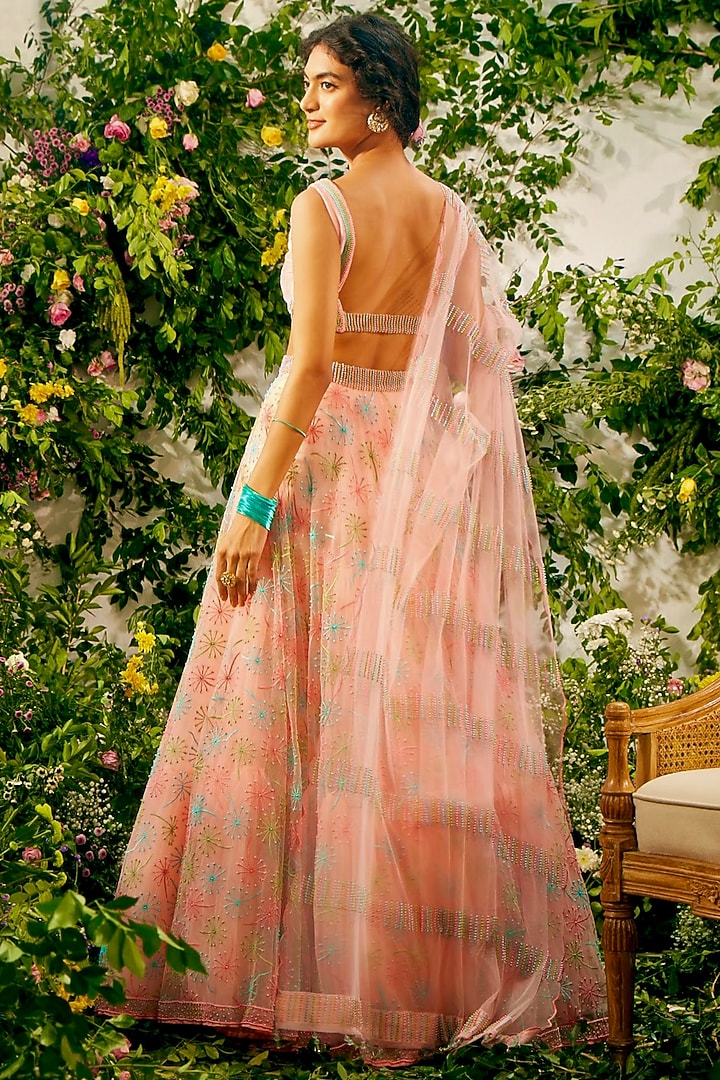 Pink Tulle Beads Embellished Wedding Lehenga Set by TUHINA SRIVASTAVA at Pernia's Pop Up Shop