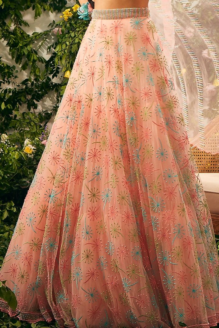 Pink Tulle Beads Embellished Wedding Lehenga Set by TUHINA SRIVASTAVA at Pernia's Pop Up Shop
