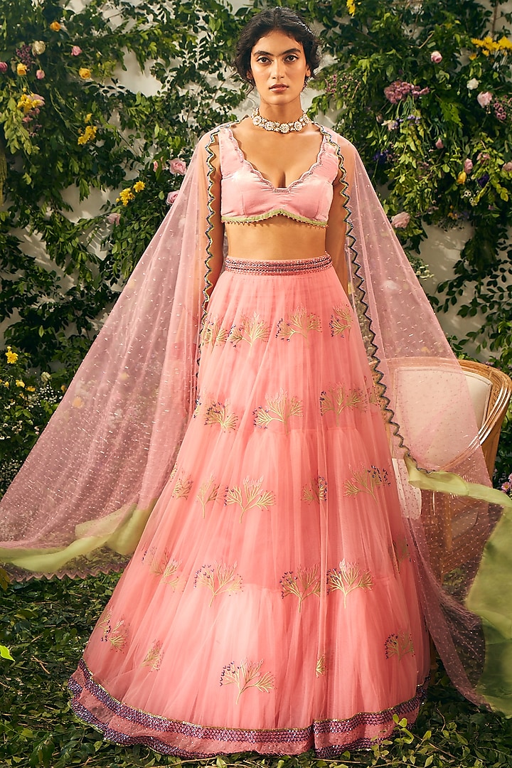 Pink Tulle Beads Embellished Lehenga Set by TUHINA SRIVASTAVA