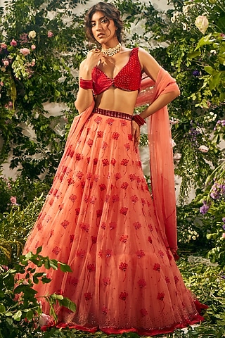 Red Tulle & Silk Organza Beads Embellished Lehenga Set by TUHINA SRIVASTAVA