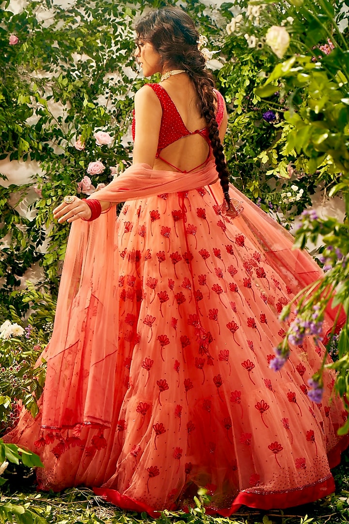 Red Tulle & Silk Organza Beads Embellished Wedding Lehenga Set by TUHINA SRIVASTAVA at Pernia's Pop Up Shop
