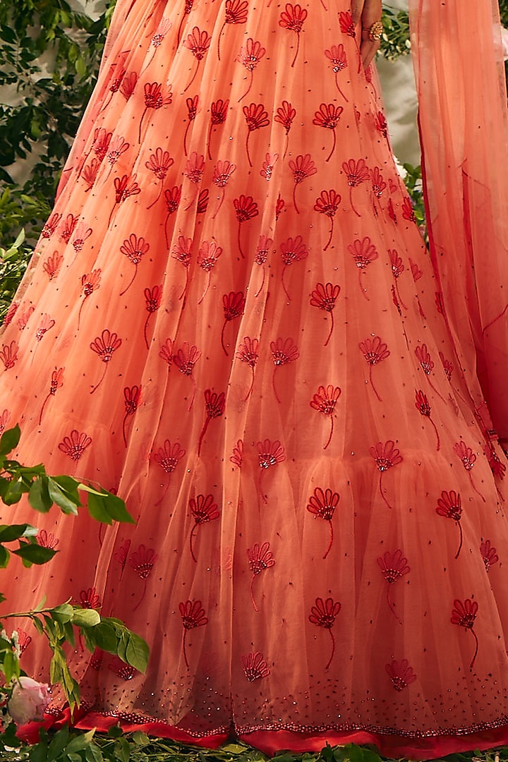 Red Tulle & Silk Organza Beads Embellished Wedding Lehenga Set by TUHINA SRIVASTAVA at Pernia's Pop Up Shop