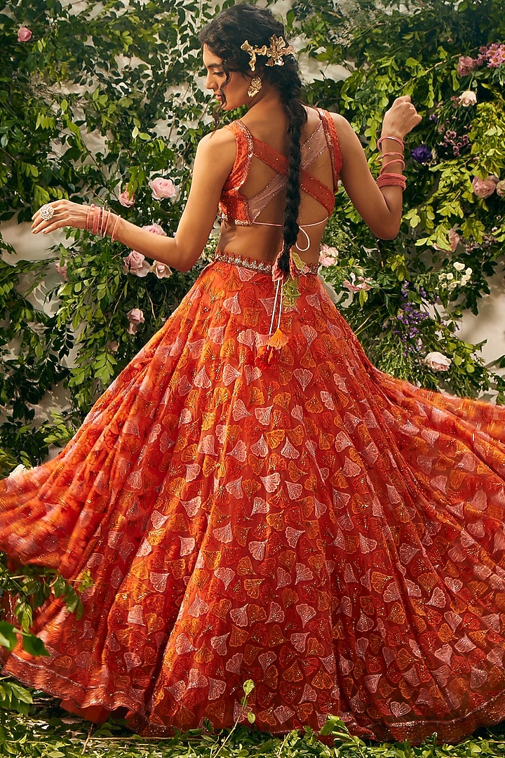 Orange Tulle & Silk Organza Beads Embellished Wedding Lehenga Set by TUHINA SRIVASTAVA at Pernia's Pop Up Shop