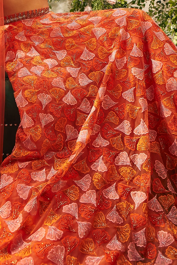 Orange Tulle & Silk Organza Beads Embellished Wedding Lehenga Set by TUHINA SRIVASTAVA at Pernia's Pop Up Shop