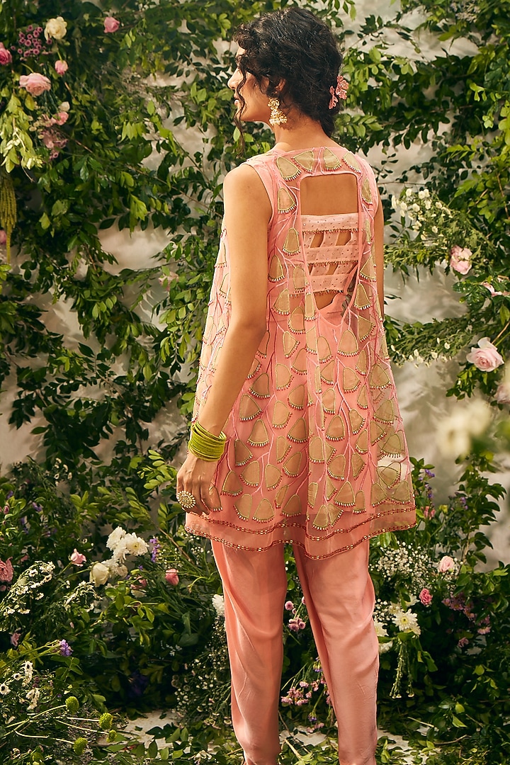 Peach Tulle & Organza Beads Embellished Jacket Set by TUHINA SRIVASTAVA at Pernia's Pop Up Shop
